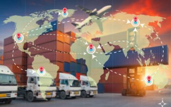 freight fowarding World international map connection connect network with blurred distribution logistic cargo warehouse background